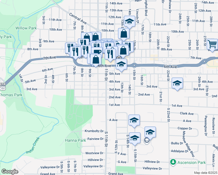 map of restaurants, bars, coffee shops, grocery stores, and more near 317 11th Street in Marion