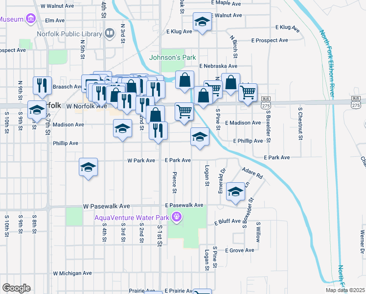 map of restaurants, bars, coffee shops, grocery stores, and more near 414 East Phillip Avenue in Norfolk