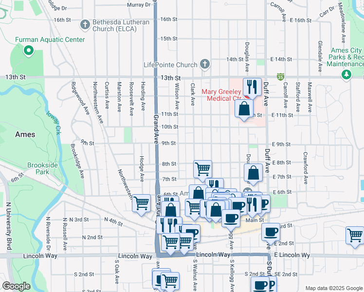 map of restaurants, bars, coffee shops, grocery stores, and more near 830 Wilson Ave in Ames