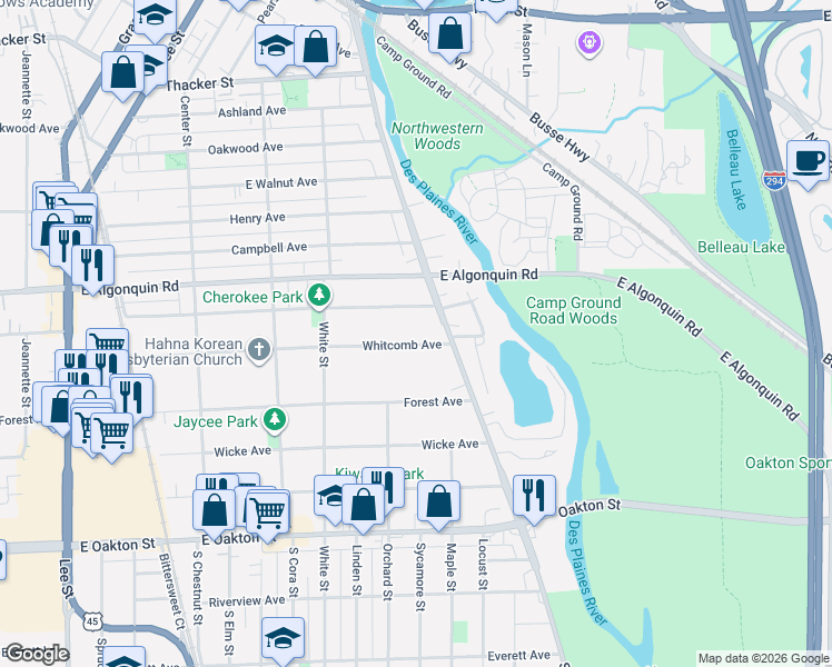 map of restaurants, bars, coffee shops, grocery stores, and more near 1768 Whitcomb Avenue in Des Plaines