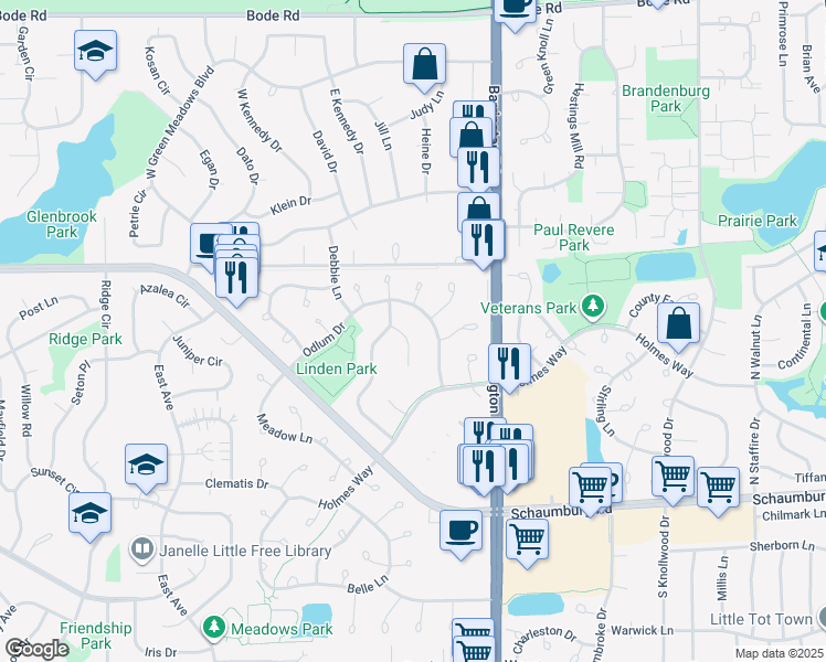 map of restaurants, bars, coffee shops, grocery stores, and more near 2747 Odlum Drive in Schaumburg