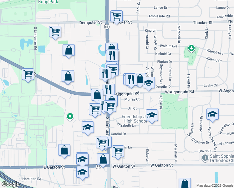 map of restaurants, bars, coffee shops, grocery stores, and more near 724 West Algonquin Road in Des Plaines