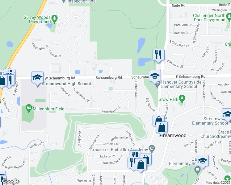 map of restaurants, bars, coffee shops, grocery stores, and more near 100 Shadywood Lane in Streamwood