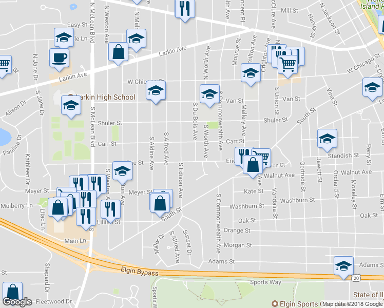 map of restaurants, bars, coffee shops, grocery stores, and more near 170 South Du Bois Avenue in Elgin