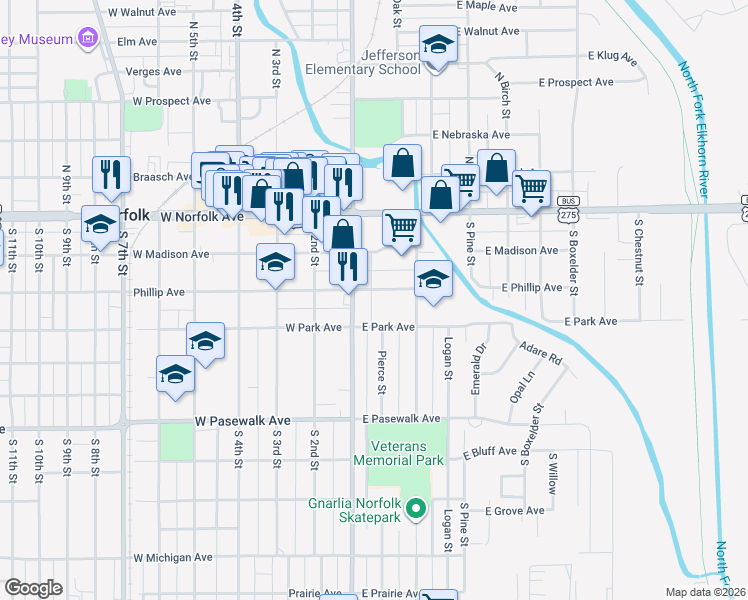 map of restaurants, bars, coffee shops, grocery stores, and more near 414 East Phillip Avenue in Norfolk