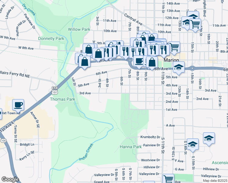 map of restaurants, bars, coffee shops, grocery stores, and more near 500 3rd Avenue in Marion