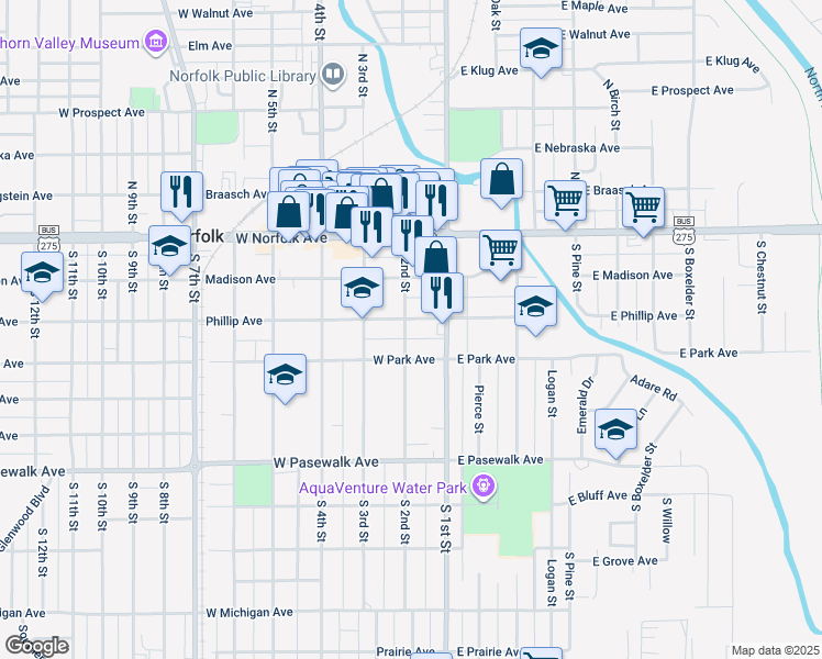 map of restaurants, bars, coffee shops, grocery stores, and more near 301 South 2nd Street in Norfolk