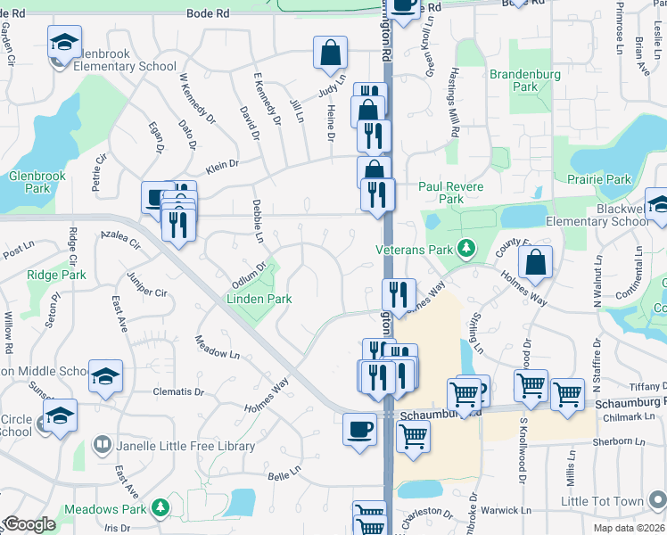 map of restaurants, bars, coffee shops, grocery stores, and more near 2751 Odlum Drive in Schaumburg