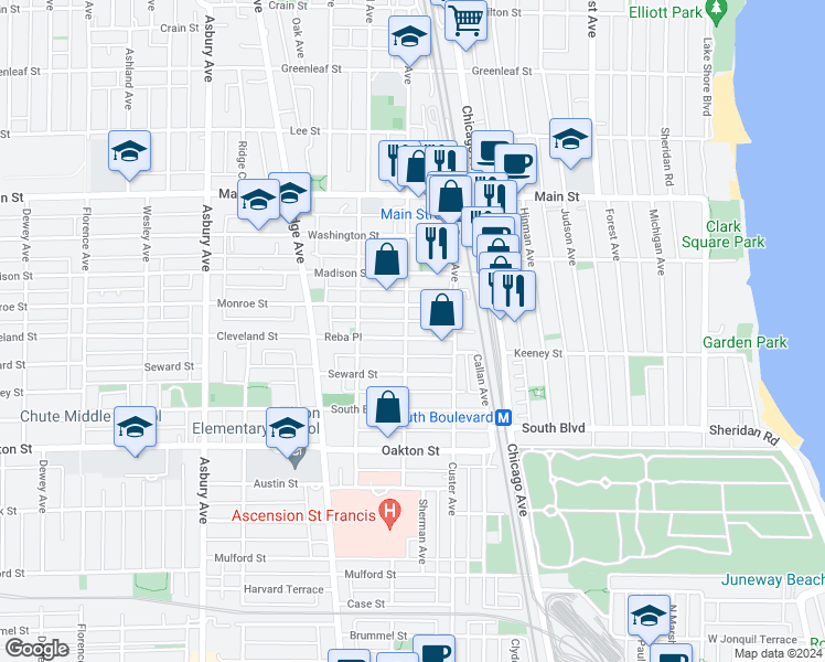 map of restaurants, bars, coffee shops, grocery stores, and more near 736 Reba Place in Evanston