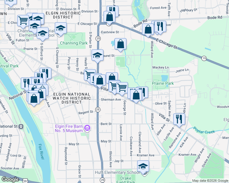 map of restaurants, bars, coffee shops, grocery stores, and more near 1187 Villa Street in Elgin