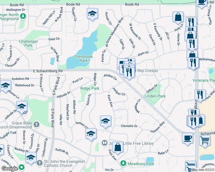map of restaurants, bars, coffee shops, grocery stores, and more near 5 Juniper Court in Streamwood