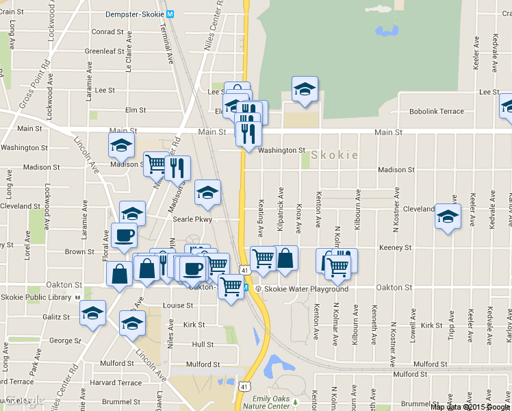 map of restaurants, bars, coffee shops, grocery stores, and more near 4732 Cleveland Street in Skokie