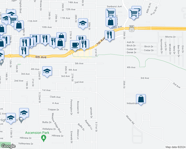 map of restaurants, bars, coffee shops, grocery stores, and more near 3040 3rd Avenue in Marion