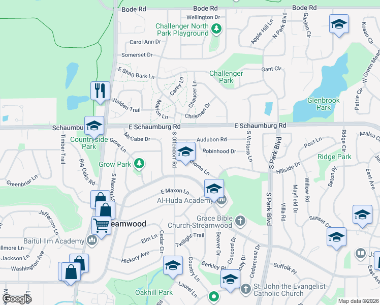 map of restaurants, bars, coffee shops, grocery stores, and more near 17 Hawthorne Lane in Streamwood