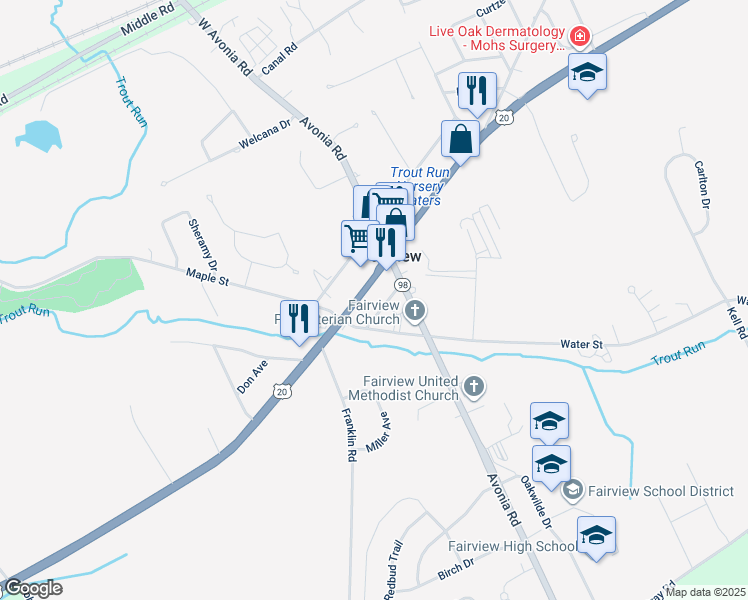 map of restaurants, bars, coffee shops, grocery stores, and more near 7555 W Ridge Rd in Fairview