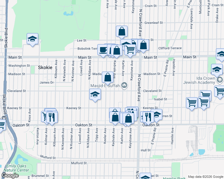 map of restaurants, bars, coffee shops, grocery stores, and more near 4142 Cleveland Street in Skokie