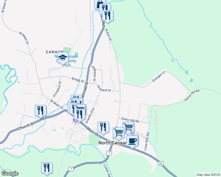 map of restaurants, bars, coffee shops, grocery stores, and more near 65 Orchard Street in Canaan