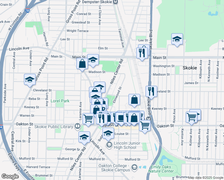 map of restaurants, bars, coffee shops, grocery stores, and more near 8203 Niles Center Road in Skokie