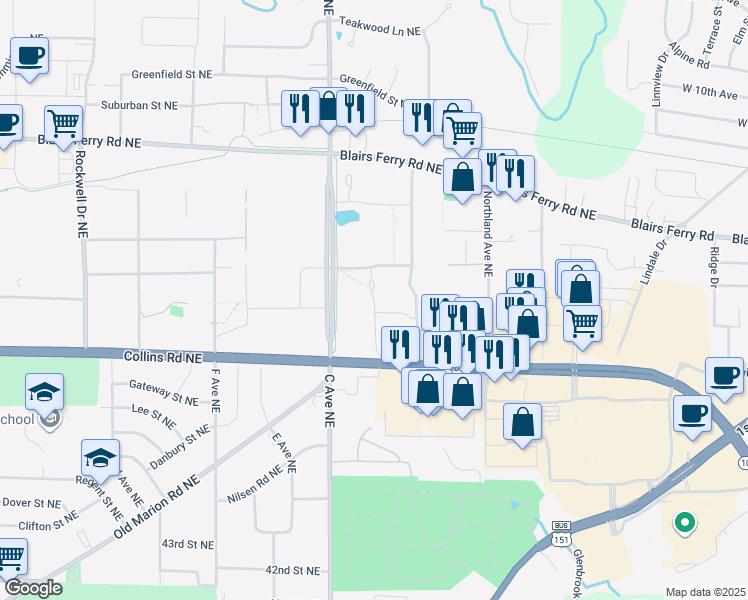 map of restaurants, bars, coffee shops, grocery stores, and more near 400 Collins Road Northeast in Cedar Rapids