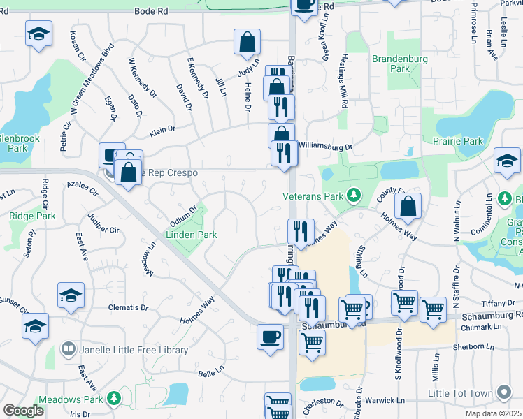 map of restaurants, bars, coffee shops, grocery stores, and more near 284 Glen Leven Court in Schaumburg