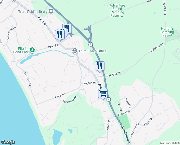map of restaurants, bars, coffee shops, grocery stores, and more near 22 Massachusetts 6A in Truro