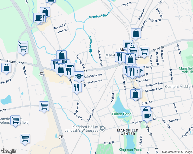 map of restaurants, bars, coffee shops, grocery stores, and more near 28 Bella Vista Avenue in Mansfield