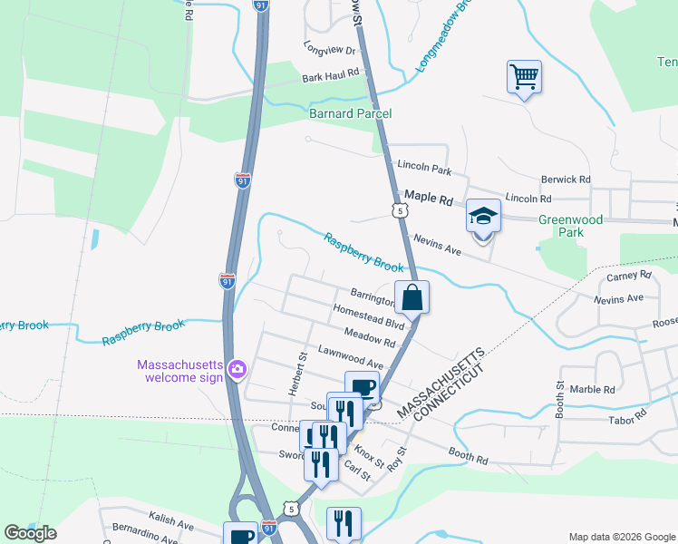 map of restaurants, bars, coffee shops, grocery stores, and more near 100 Barrington Road in Longmeadow