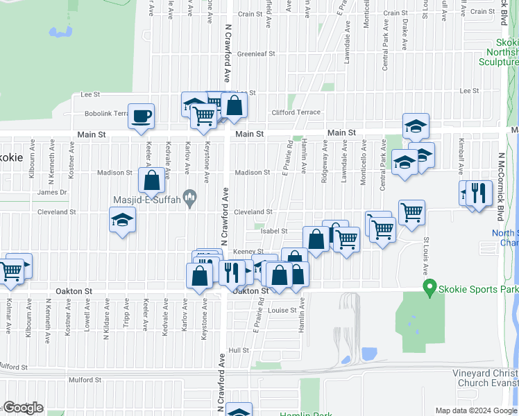 map of restaurants, bars, coffee shops, grocery stores, and more near 3906 Cleveland Street in Skokie
