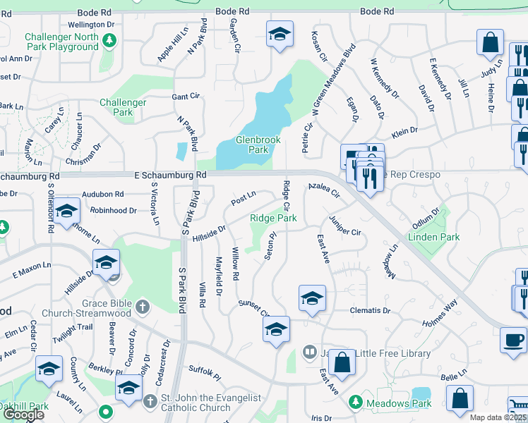 map of restaurants, bars, coffee shops, grocery stores, and more near 819 Hillside Drive in Streamwood