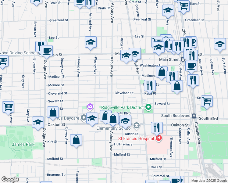 map of restaurants, bars, coffee shops, grocery stores, and more near 639 Asbury Avenue in Evanston
