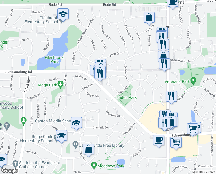 map of restaurants, bars, coffee shops, grocery stores, and more near 290 Sheffield Drive in Schaumburg