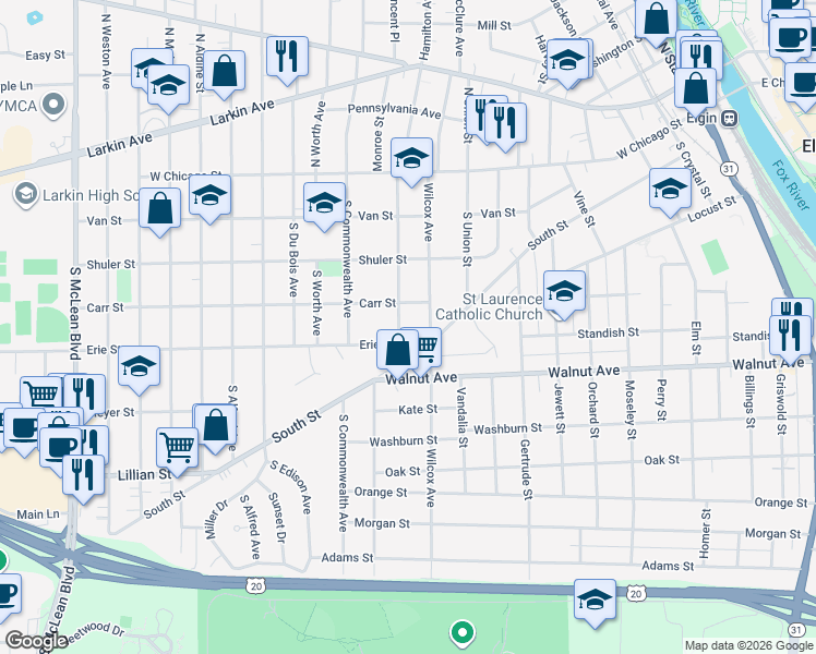 map of restaurants, bars, coffee shops, grocery stores, and more near 177 Mallery Avenue in Elgin