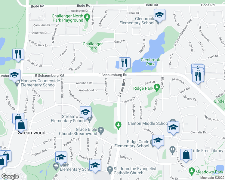 map of restaurants, bars, coffee shops, grocery stores, and more near 30 Woodridge Lane in Streamwood