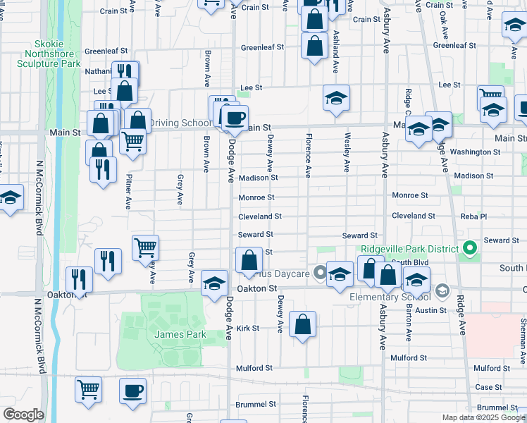 map of restaurants, bars, coffee shops, grocery stores, and more near 1721 Cleveland Street in Evanston
