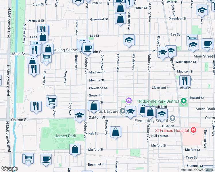 map of restaurants, bars, coffee shops, grocery stores, and more near 1627 Cleveland Street in Evanston