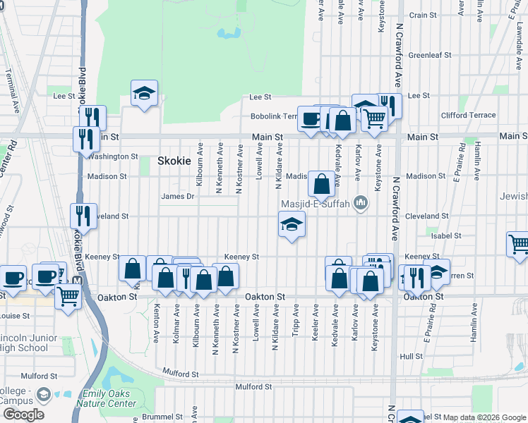 map of restaurants, bars, coffee shops, grocery stores, and more near 8201 Lowell Avenue in Skokie