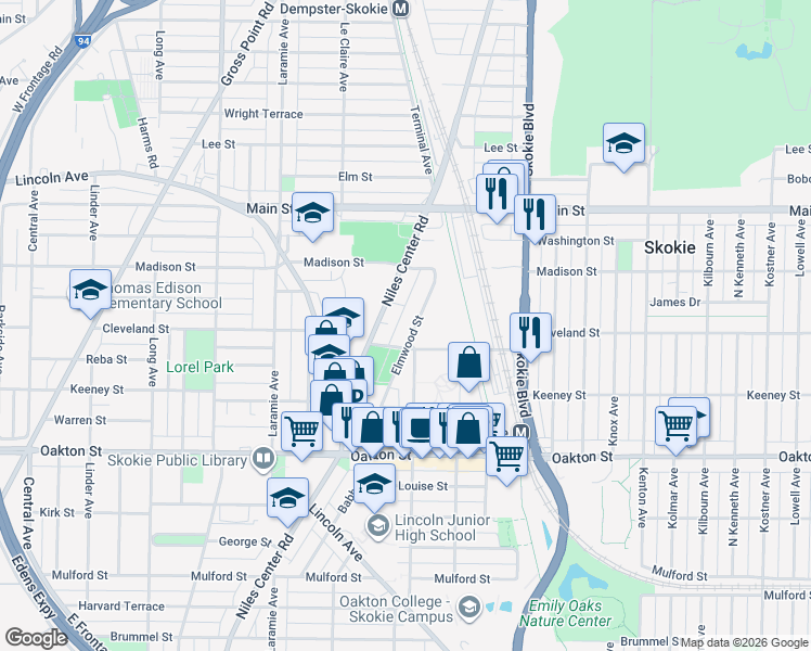map of restaurants, bars, coffee shops, grocery stores, and more near 4970 Searle Parkway in Skokie