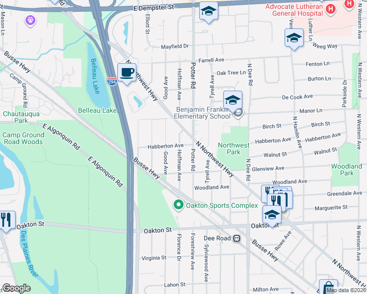 map of restaurants, bars, coffee shops, grocery stores, and more near 2719 Habberton Avenue in Park Ridge