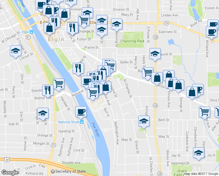 map of restaurants, bars, coffee shops, grocery stores, and more near 328 Raymond Street in Elgin