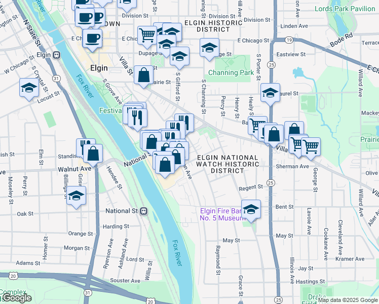 map of restaurants, bars, coffee shops, grocery stores, and more near 328 Raymond Street in Elgin