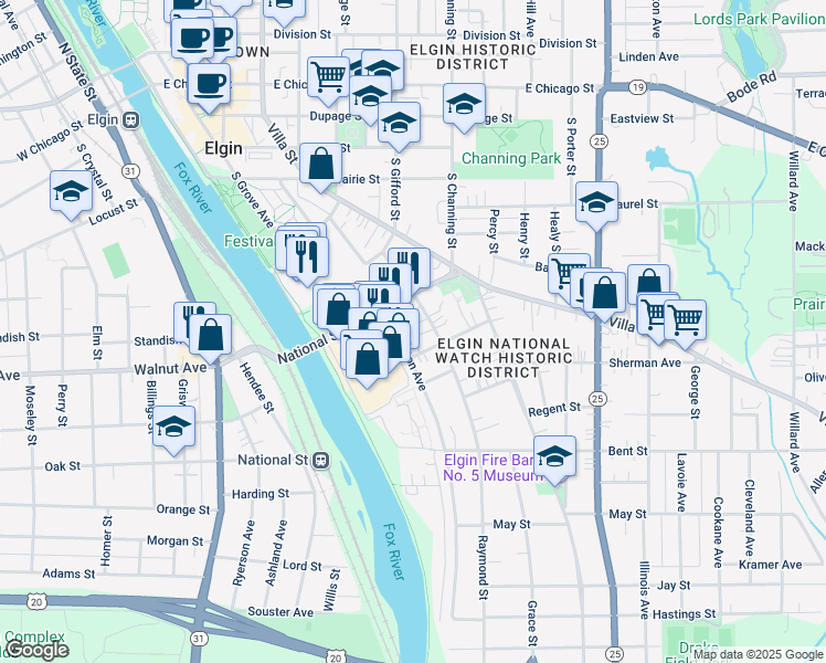 map of restaurants, bars, coffee shops, grocery stores, and more near 328 Raymond Street in Elgin