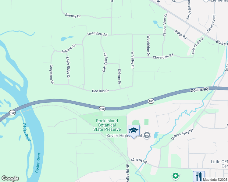 map of restaurants, bars, coffee shops, grocery stores, and more near 4541 Doe Run Drive in Cedar Rapids
