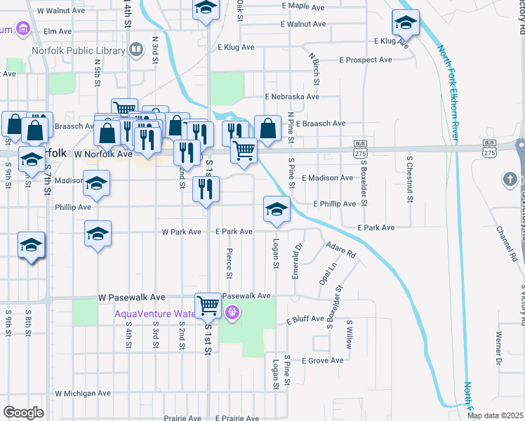 map of restaurants, bars, coffee shops, grocery stores, and more near 305 Blaine Street in Norfolk