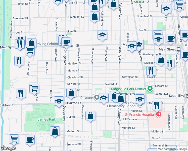 map of restaurants, bars, coffee shops, grocery stores, and more near 1527 Cleveland Street in Evanston