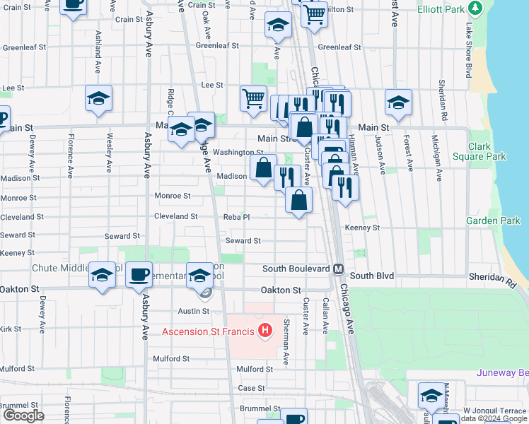 map of restaurants, bars, coffee shops, grocery stores, and more near 815 Reba Place in Evanston