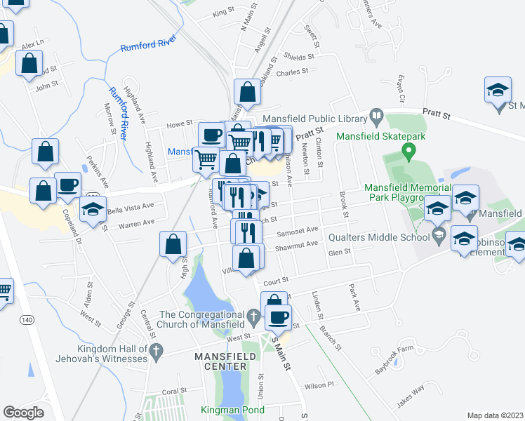 map of restaurants, bars, coffee shops, grocery stores, and more near 29 Cottage Street in Mansfield