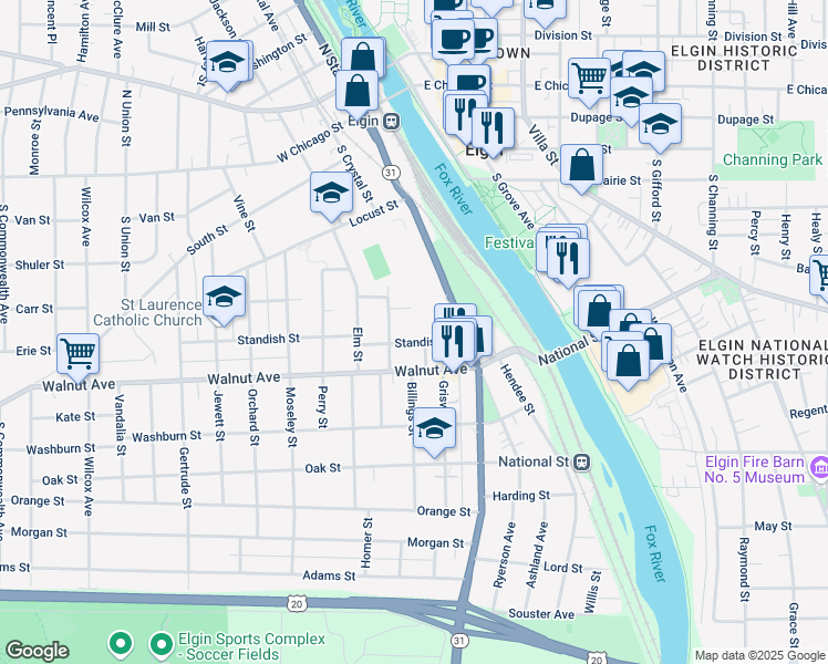 map of restaurants, bars, coffee shops, grocery stores, and more near 240 Standish Street in Elgin
