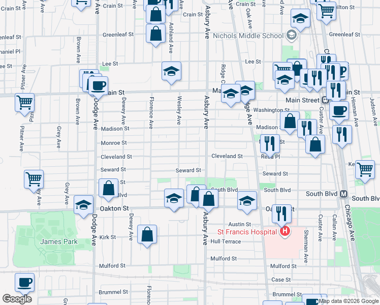 map of restaurants, bars, coffee shops, grocery stores, and more near 1327 Cleveland Street in Evanston