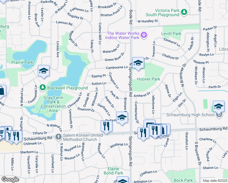 map of restaurants, bars, coffee shops, grocery stores, and more near 1702 Park Drive in Schaumburg