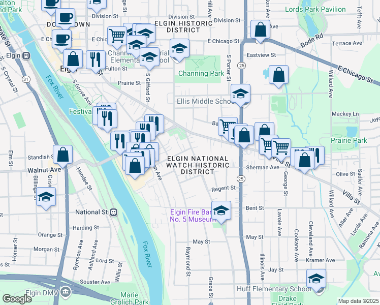 map of restaurants, bars, coffee shops, grocery stores, and more near 352 Saint Charles Street in Elgin